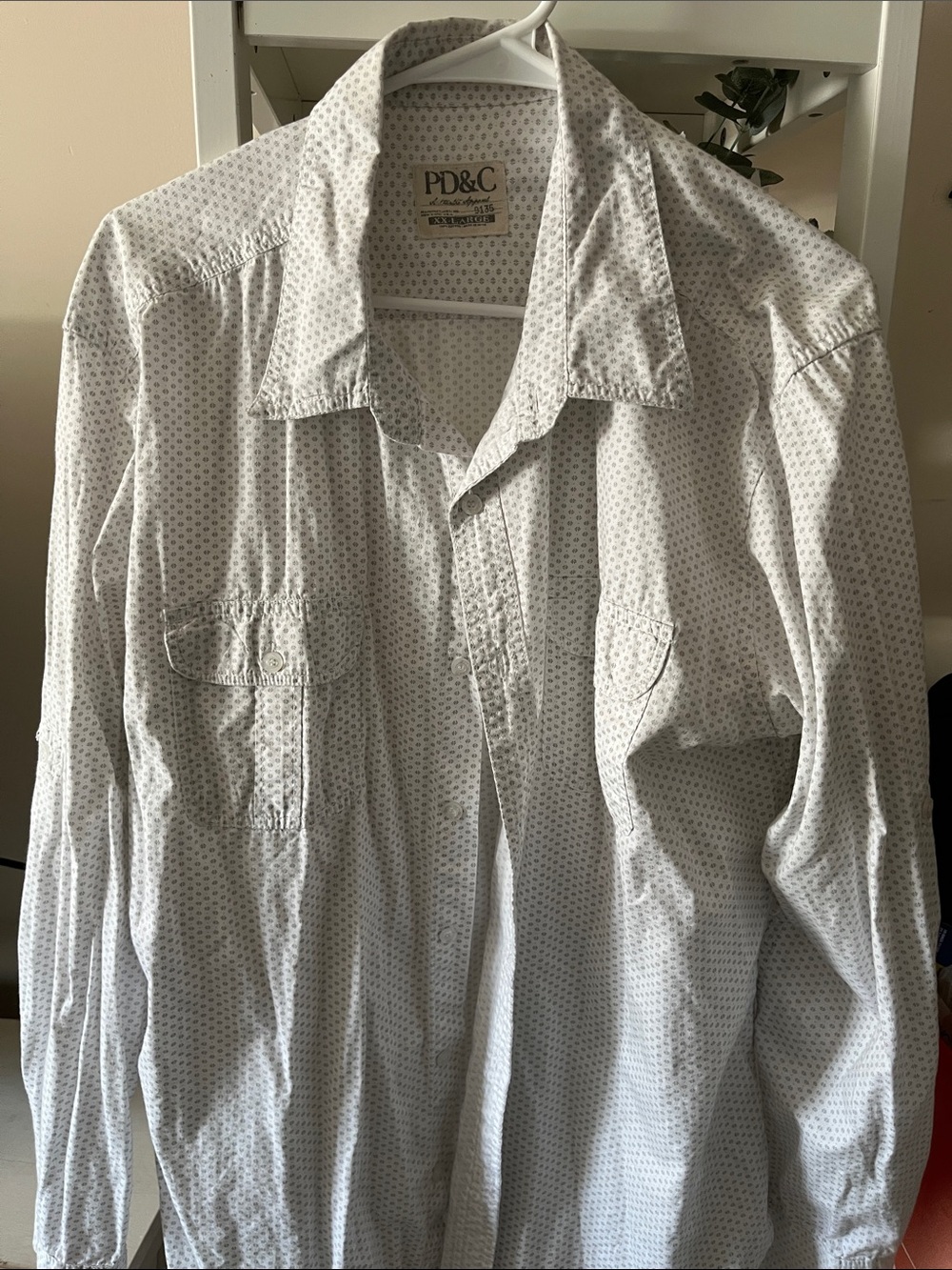PD&C Men's White Button-Up Shirt with Micro Dot Pattern